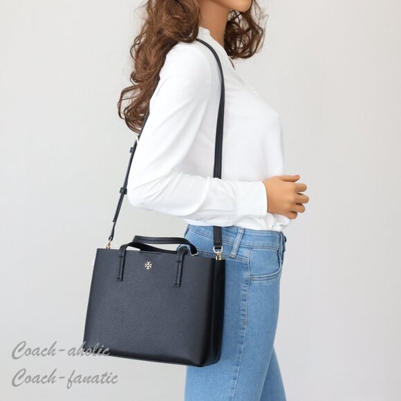 NWT Tory Burch Blake Pebbled Leather Small Tote Crossbody Purse Black/Devon Sand - Picture 3 of 10